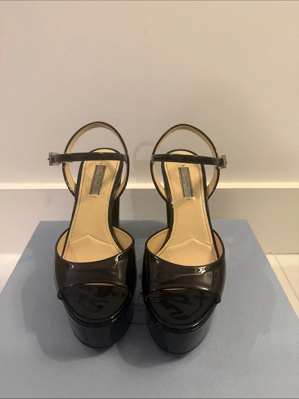 Prada Black Patent Platform Sandal Heels with Ankle Strap
